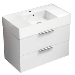 Derin 31.89 in. W x 17.32 in. D x 25.2 H Single Sink Wall Mounted Bathroom Vanity in Glossy white with White Ceramic Top