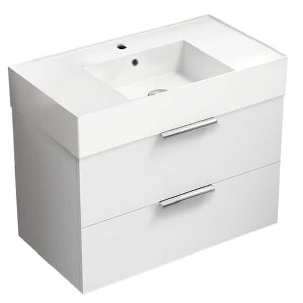 Nameeks Derin 31.89 in. W x 17.32 in. D x 25.2 H Single Sink Wall Mounted Bathroom Vanity in Glossy white with White Ceramic Top