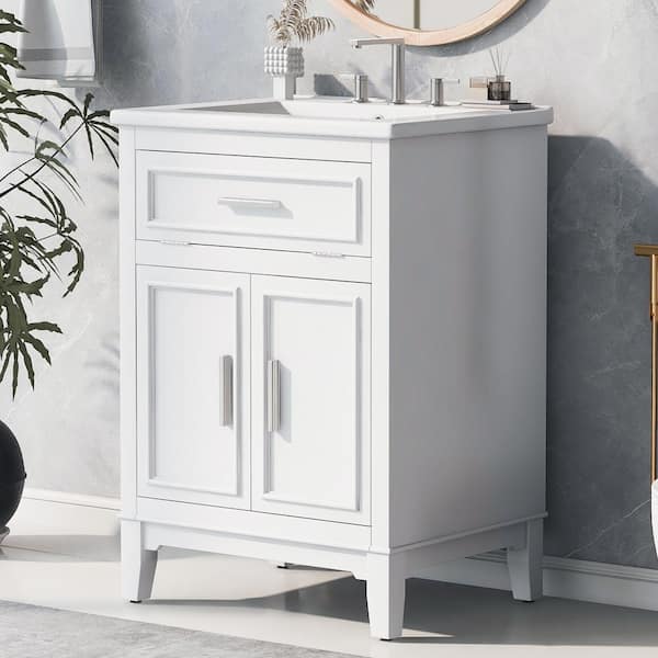24 in. W Freestanding Bath Vanity in White with White Ceramic Top, One Flip Drawer and Doors, Solid Wood