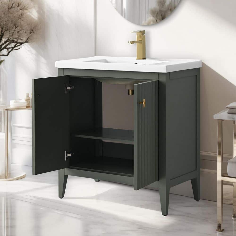 30" Green and Gold Poplar Wood Single Sink Bathroom Vanity