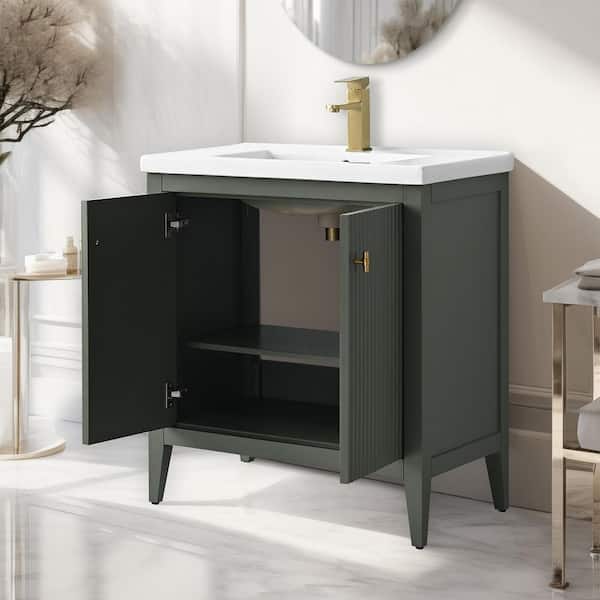 30 in. W x 18.5 in D x 34 in. H Single Sink Bathroom Vanity Cabinet in Linear Vintage Green with Ceramic Top