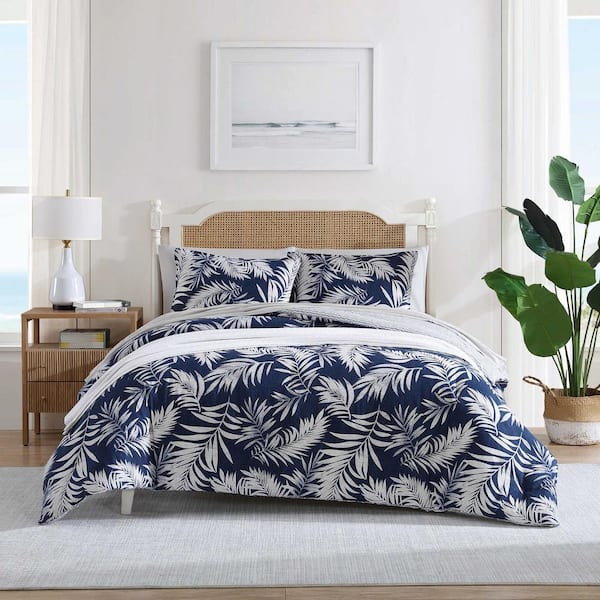 Marina Leaf 3-Piece Navy/White Cotton King Comforter Set