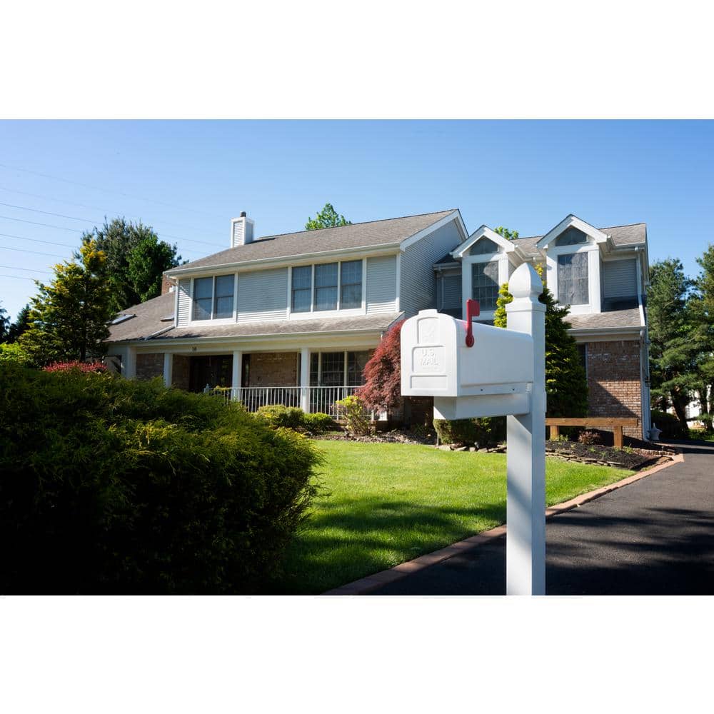 White Medium Plastic Post Mount Mailbox with Red Flag
