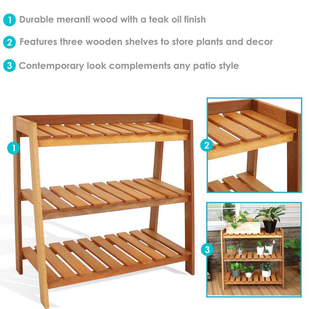 Brown Meranti Wood 3-Tier Outdoor Garden Shelf with Teak Oil Finish