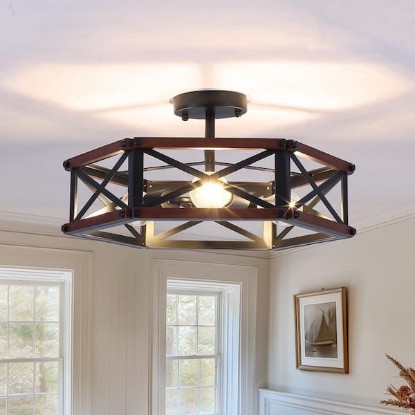 Farmhouse 18.31 in. 3-Light Black and Brown Hexagon Cage Industrial Semi-Flush Mount Ceiling Light