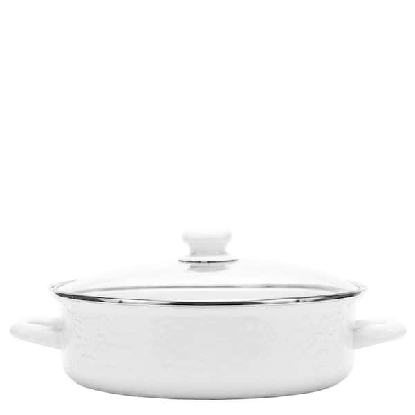 Golden Rabbit Enamelware 3 qt. Porcelain-Coated Steel Saute Pan in Solid White with Glass Lid