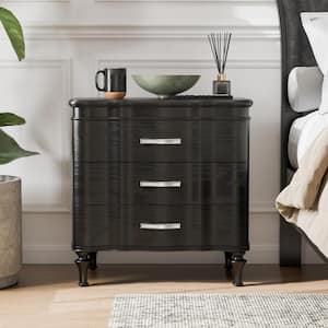 Seabliss Glam Black 3 Drawer 27 in. W Serpentine Nightstand