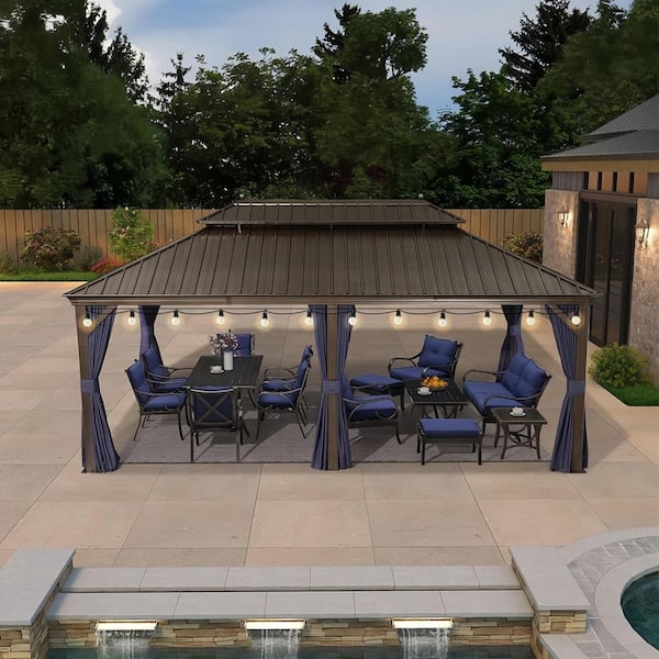 12 ft. x 20 ft. Bronze Patio Outdoor Gazebo for Backyard Hardtop Aluminum Frame Hooks, Netting, Blue Curtain,36-Lights