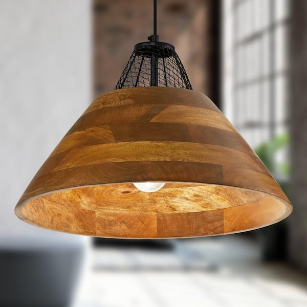 River of Goods Cammie 1-Light Black Metal Cage Pendant Light with Cone-Shaped Mango Wood and Metal Cage Shade