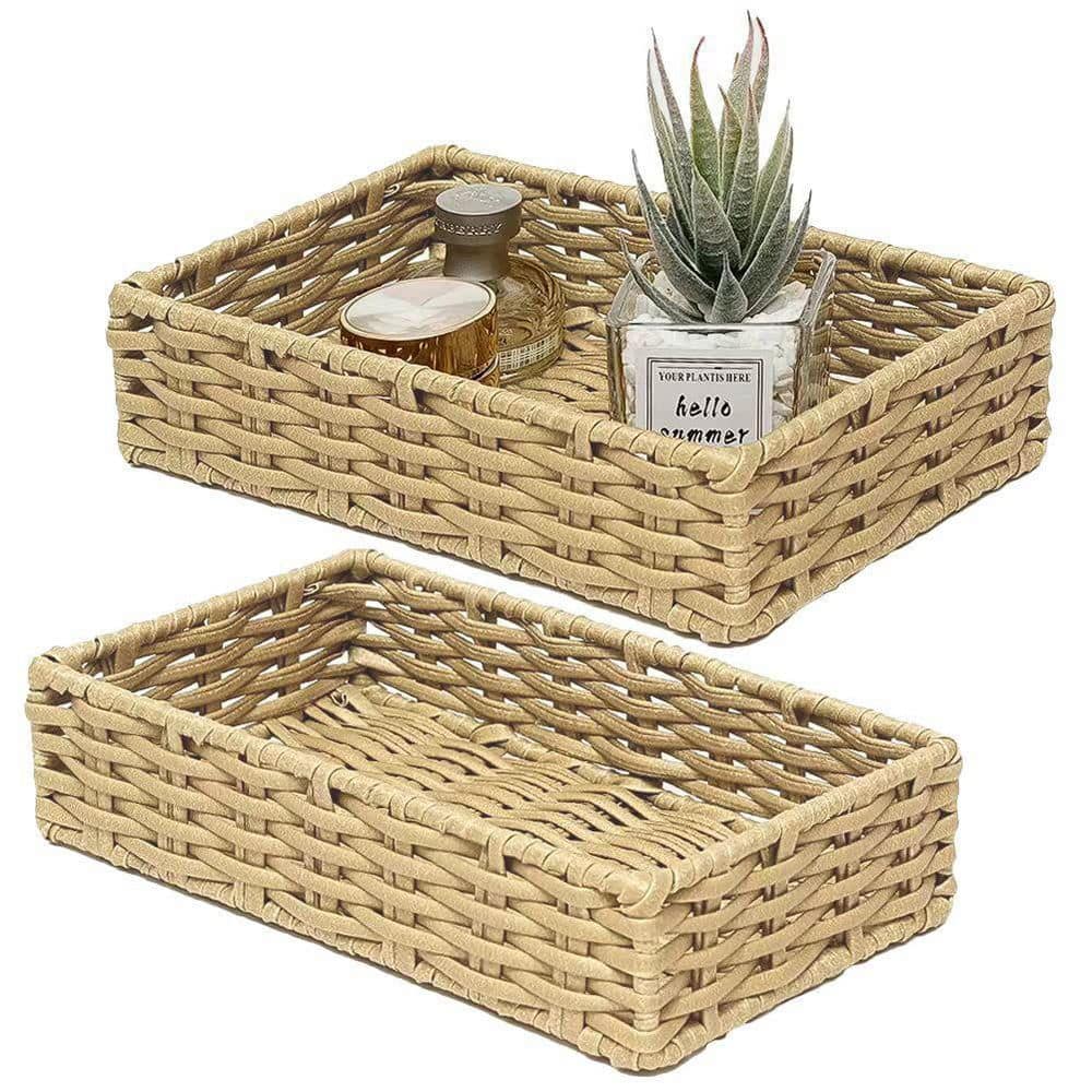 2 Pieces Rattan Toilet Tank Baskets, Handwoven Bathroom Sink Vanity Tray  Decor for Counter, Rectangular Wicker Storage Basket Small Serving Trays  for