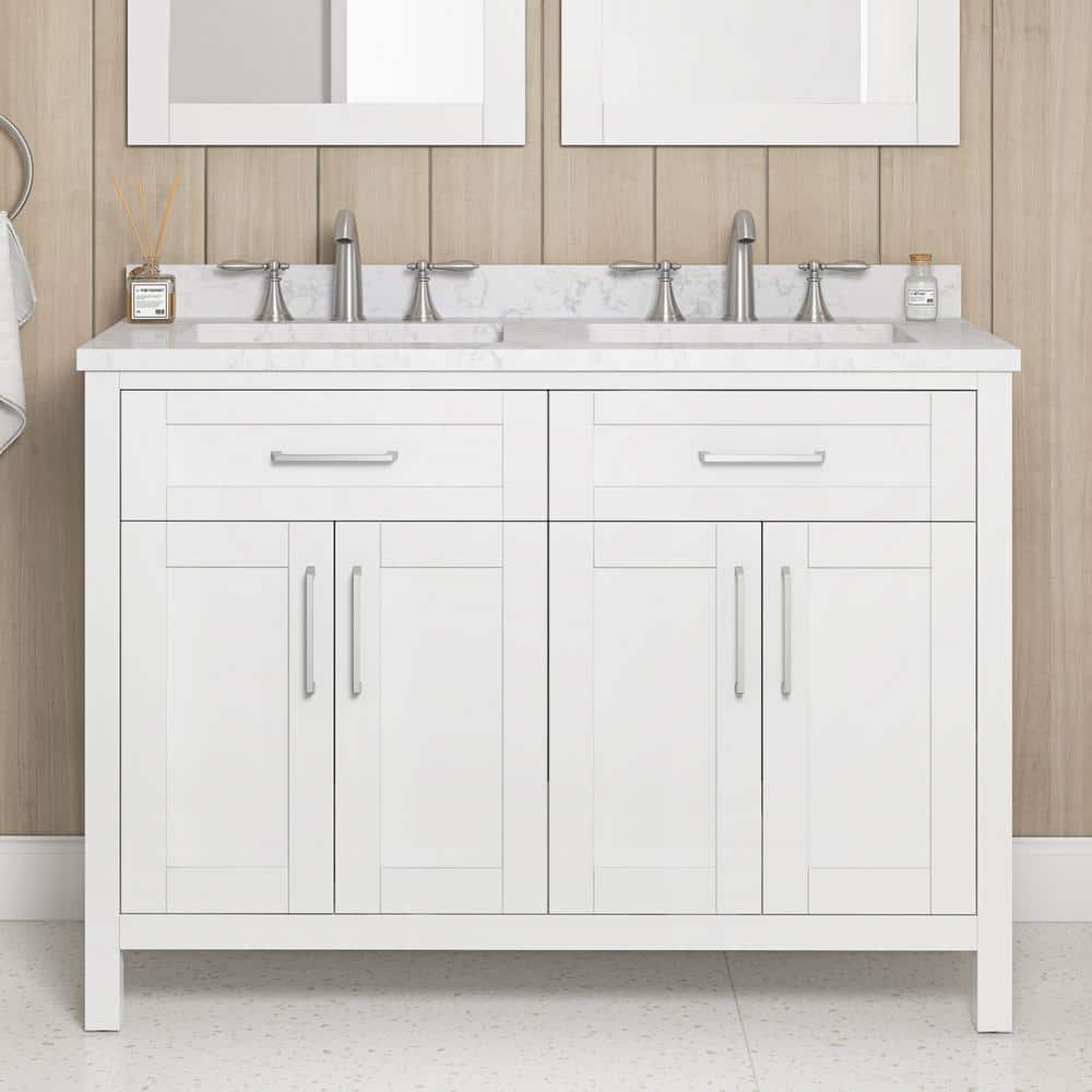 Pure White Double Sink Freestanding Bathroom Vanity with Marble Top