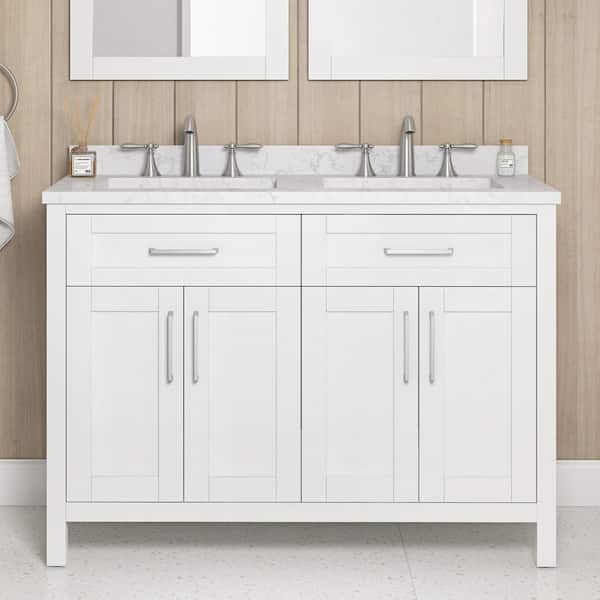 OVE Decors Tahoe Duo 48 in. W x 21 in. D x 35 in. H Double Sink Bath Vanity in Pure White with White Engineered Marble Top