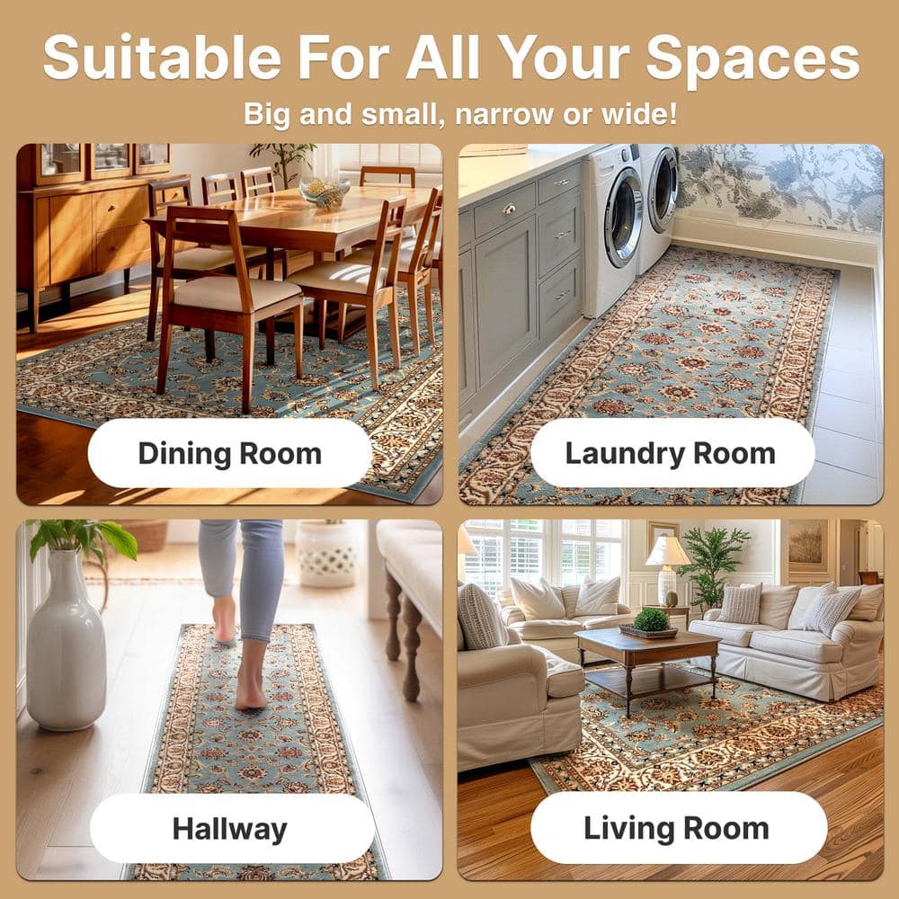 Light Blue and Ivory Synthetic Oriental Area Rug 5'3" x 7'3"