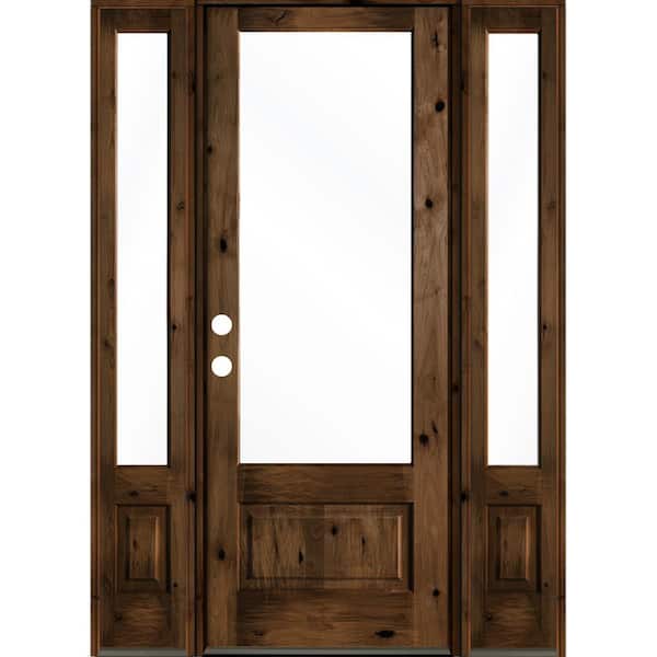 Krosswood Doors 64 in. x 96 in. Knotty Alder Right-Hand/Inswing 3/4-Lite Clear Glass Provincial Stain Wood Prehung Front Door with DSL