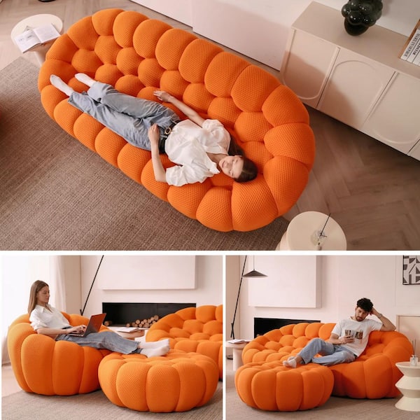 (Set of 3) Bubble Curved Sofa, 98.4 in. Mesh Fabric Modern 3-Seater Sectional Sofa Set with Chair and Ottoman in Orange