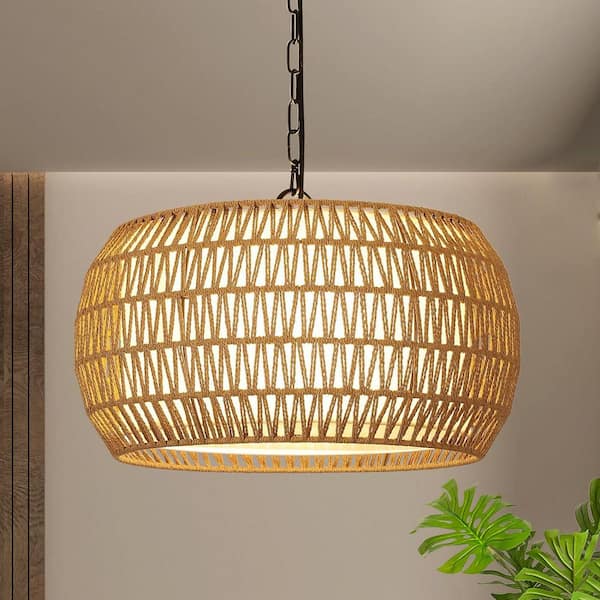 19 in. 5-Light Brown Woven Rattan Flush Mount Ceiling Light Chandelier with Hand-Worked Cage Shade and No Bulbs Included