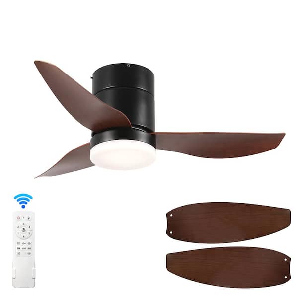 36 in. Matte Black and Brown Flush Mount Ceiling Fan without light, 3-Reversible Blades, 6-Speeds Reversible DC Motor