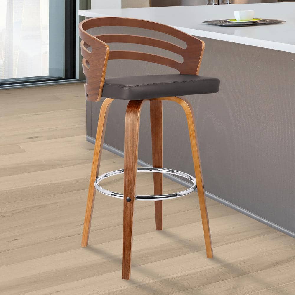 Mid-Century Walnut Swivel Stool with Brown Faux Leather
