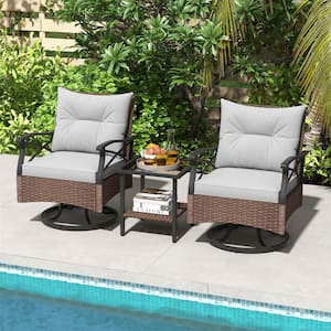 3-Piece Metal Outdoor Bistro Swivel Rocker Set with 2-Tier Coffee Table and Cozy Seat Back Grey Cushions