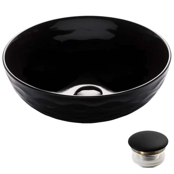 KRAUS Viva 16-1/2 in. Round Porcelain Ceramic Vessel Sink with Pop-Up Drain in Black