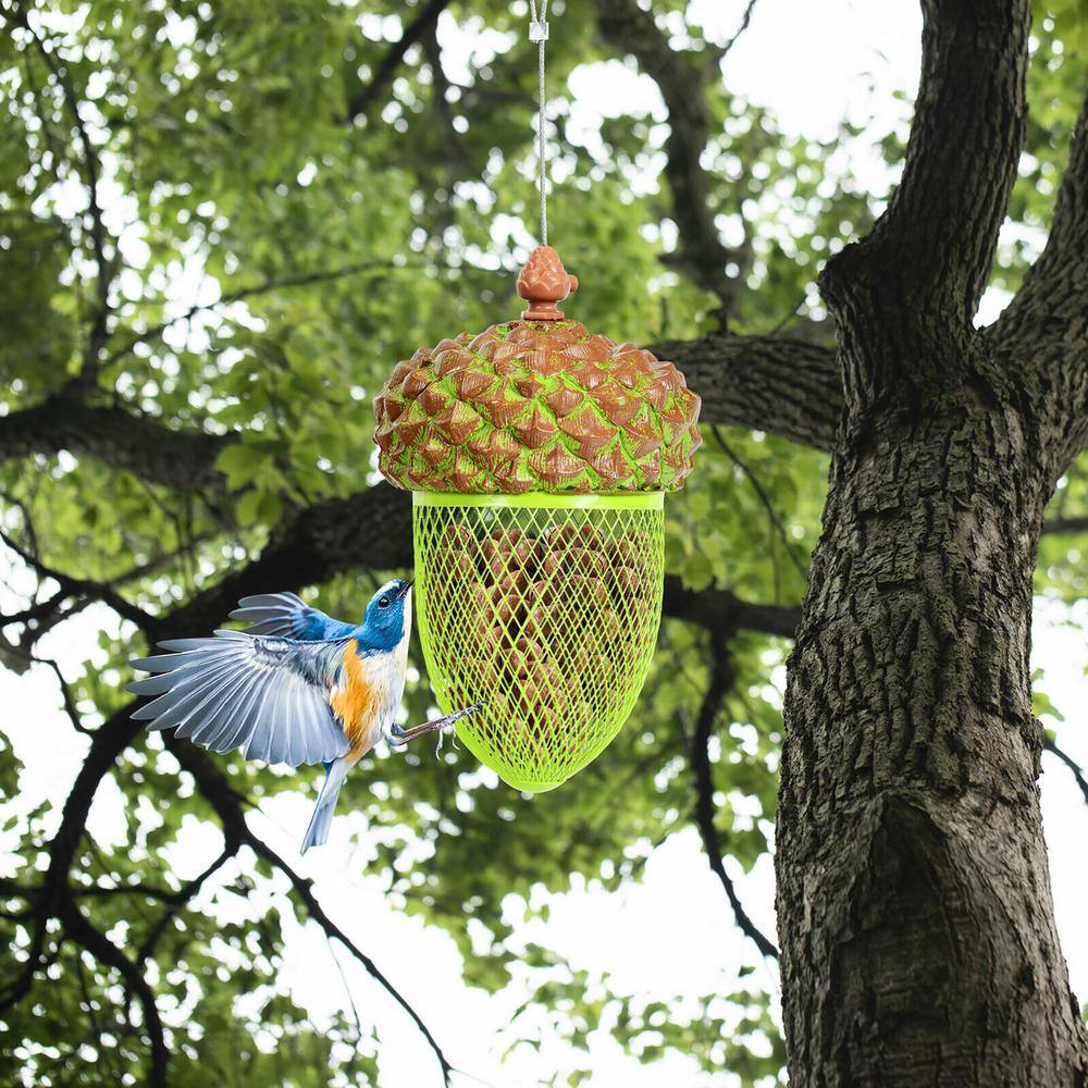 Brown and Green Resin Iron Mesh Hanging Acorn Bird Feeder