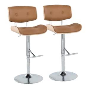 Lombardi 34 in. Camel Faux Leather, Natural Wood and Chrome Metal Adjustable Bar Stool Straight T Footrest (Set of 2)
