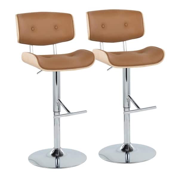 Lumisource Lombardi 34 in. Camel Faux Leather, Natural Wood and Chrome Metal Adjustable Bar Stool Straight T Footrest (Set of 2)
