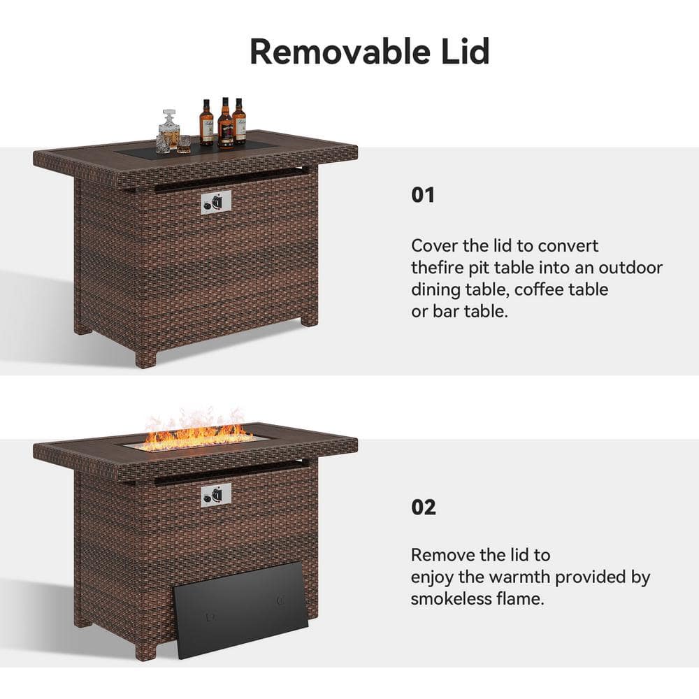44'' Dark Brown Wicker Propane Fire Pit Table with Lid