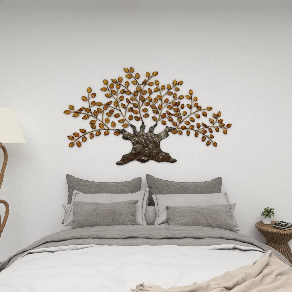 Large Brown and Gold Metal Tree Wall Sculpture with Leaves