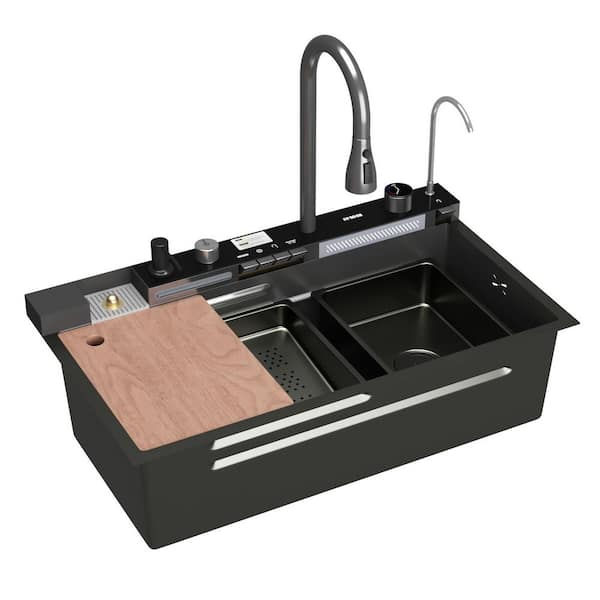 31.5 in. Drop-in Single Bowl Black 304 Stainless Steel Kitchen Sink Flying Rain Waterfall, Pull-Down Faucet Kitchen Set
