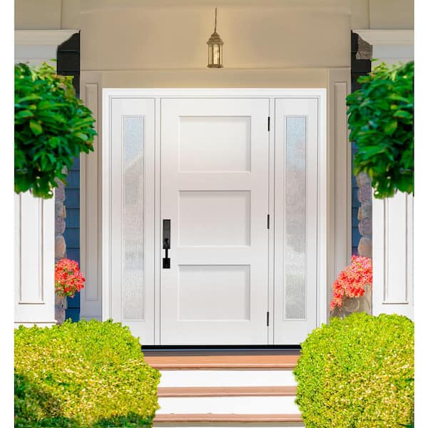 Legacy 68 in. x 80 in. 3P Equal Shaker LHOS Unfinished White Fiberglass Prehung Front Door w/Rain 14 in. SLs 6-9/16 Jamb