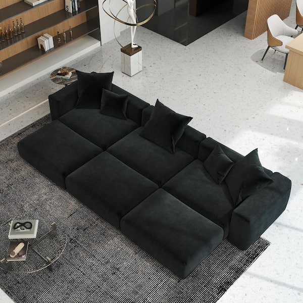 141in. Square Arm 6-Piece Corduroy Modular Free Combination Sectional Sofa Bed in Black with Ottoman and Removable Cover