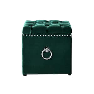 Hunter Green Velvet and Black Tuftedt Square Silver Ring Storage Ottoman