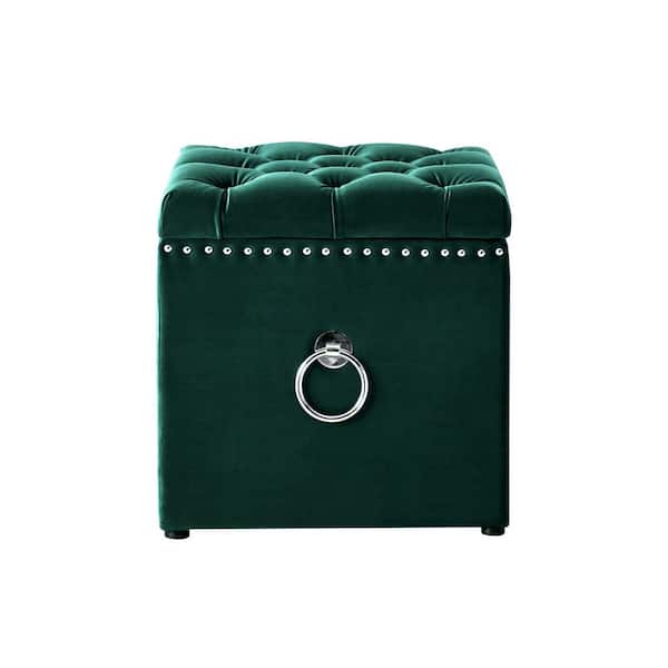 HomeRoots Hunter Green Velvet and Black Tuftedt Square Silver Ring Storage Ottoman