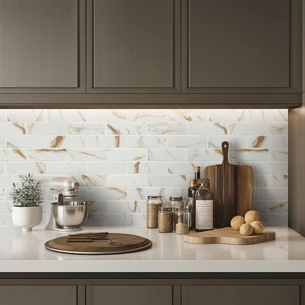 Calacatta Gold Subway 12 in. x 12 in. x 0.24 in. Matte Porcelain Mesh-Mounted Mosaic Tile (0.93 sq. ft./Each)