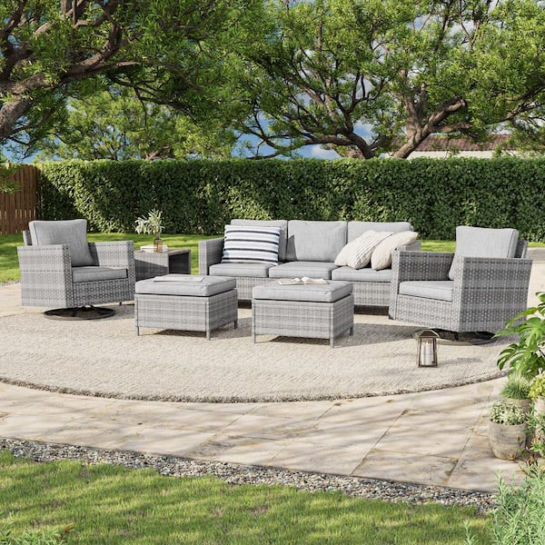 JOYESERY 6-Piece Gray Wicker Outdoor Seating Sofa Set with Swivel Rocking Chairs, Linen Grey Cushion