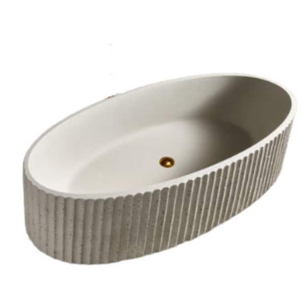 67 in. x 31 in. Solid Surface Tub Stone Resin Flatbottom Freestanding Soaking Bathtub in Flaxen with Center Drain