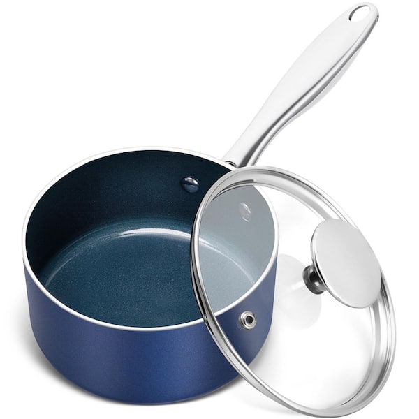 1 qt. Aluminum Nonstick Sauce Pan in Blue with Lid, Non toxic Kitchen Sauce Pot with Stainless Steel Handle, Oven Safe