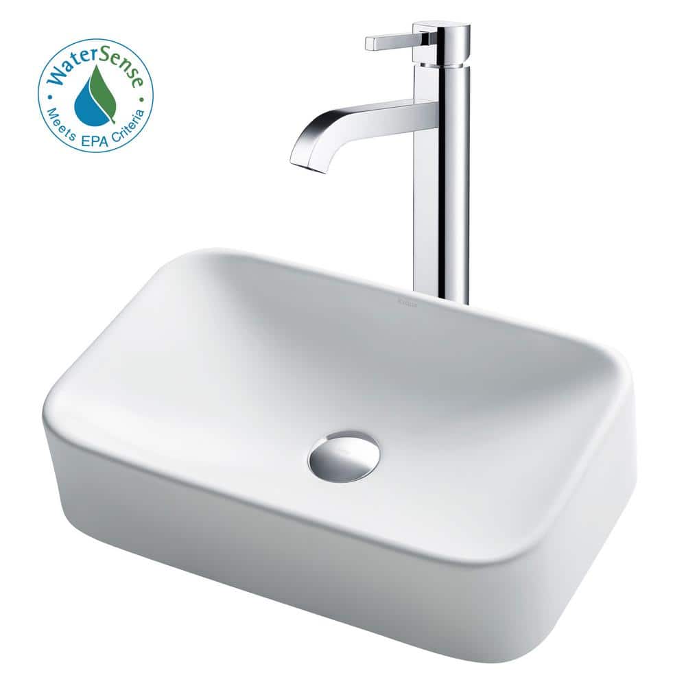 White Ceramic Rectangular Vessel Sink with Chrome Faucet