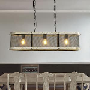 32 in. 3-Light Farmhouse Rectangular Kitchen Island Chandelier Rustic Black Mesh with Weathered White Wood Frame