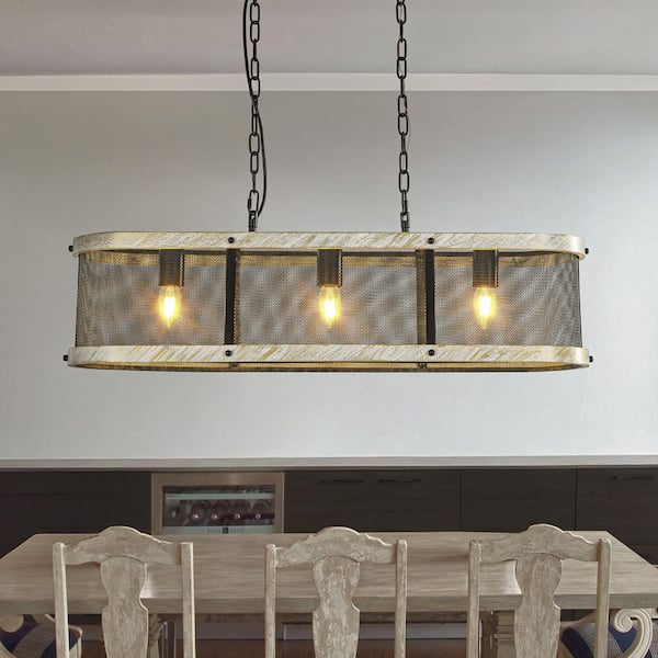 32 in. 3-Light Farmhouse Rectangular Kitchen Island Chandelier Rustic Black Mesh with Weathered White Wood Frame
