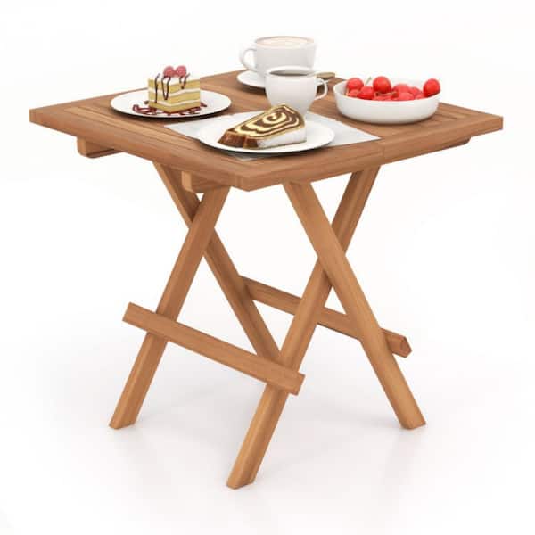 20 in. W Brown Square Folding Teak Side Table Slatted Top End Table with X-Base for Patio, Deck or Porch