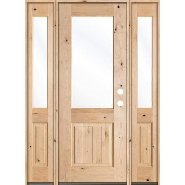 64 in. x 96 in. Rustic Alder Half Lite Clear Low-E V-Grooved Unfinished Wood Left-Hand Prehung Front Door/Sidelites