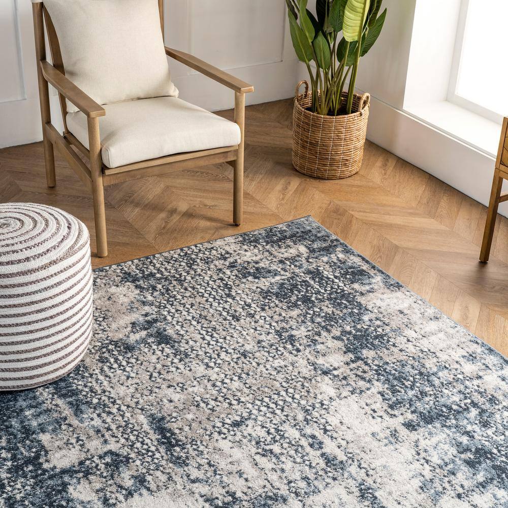 Reversible Abstract Blue Synthetic 4' x 6' Easy-Care Area Rug