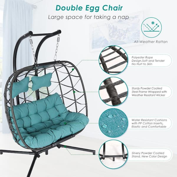 NICESOUL Extra Large Gray Wicker Double Seat Patio Swing Hanging Egg Chair with Black Stand and Turquoise Cushions