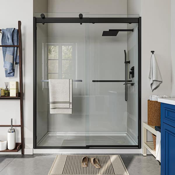 waterpar 58 in. To 60 in. Width x 76 in. H Sliding Framed Shower Door in Matte Black with Clear Glass