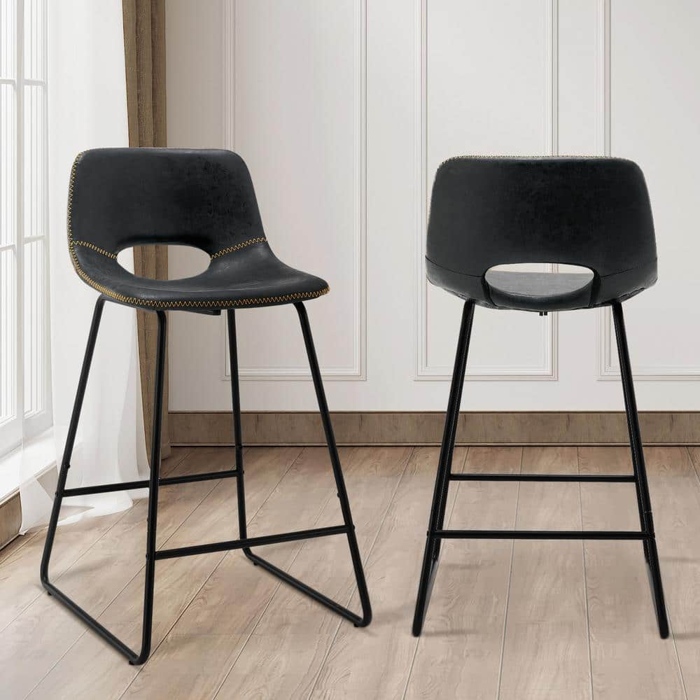 LUE BONA 24 in. Black Metal Frame Faux Leather Counter Bar Stools (Set ...