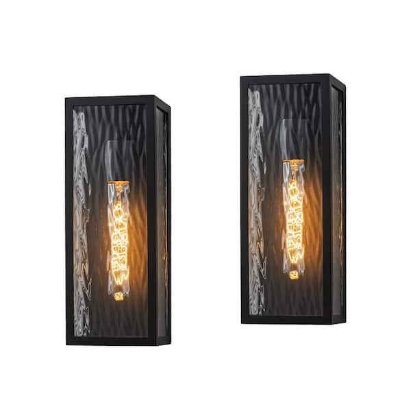 H13 in. Outdoor Black E26 Wall Sconce with Water Ripple Glass and Dusk to Dawn Sensor Open Bottom Porch Light (2 Pack)