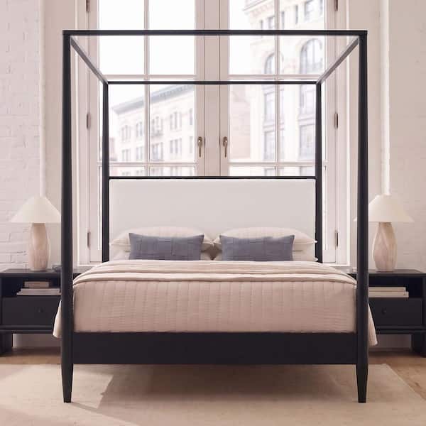 Black Rubber Wood Frame Queen Size Platform Bed with Boucle Upholstered Headboard, Tapered Legs