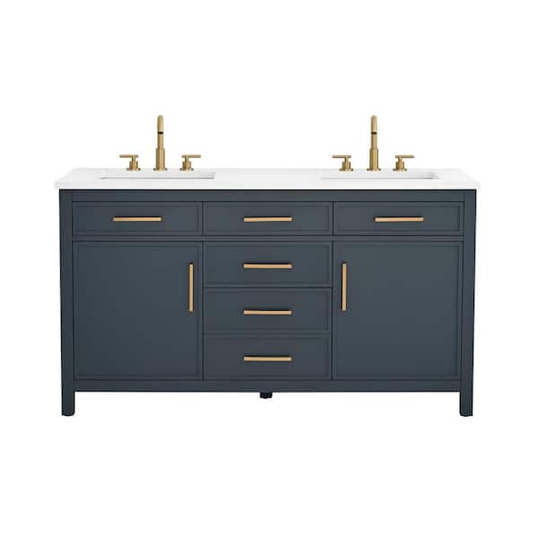 Cooper 60 in. W Bath Vanity in Vintage Blue with Engineered Stone Top in Ariston White with White Sinks